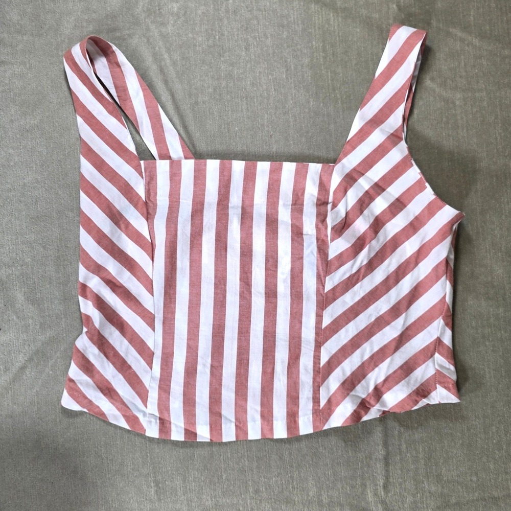 Striped Smocked Back Corset Crop Top Terracotta Pink White Square Neck Sz M New